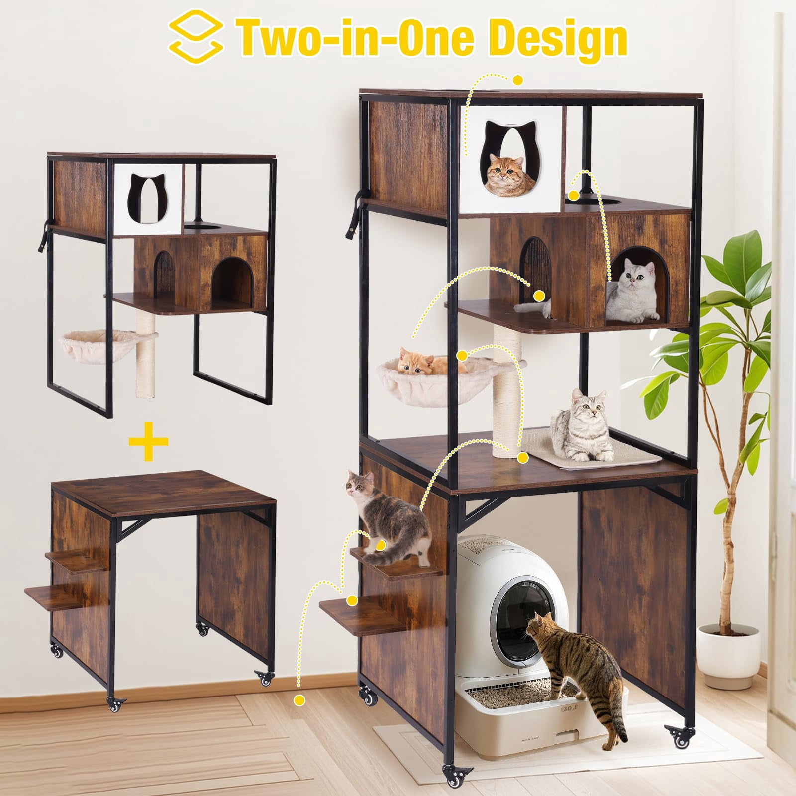 Aivituvin Cat Tree, 68-Inch Cat Tower for Indoor Cats, Wood Cat Condo Furniture with Litter Box Enclosure, 2-in-1 Modern Cat Tower
