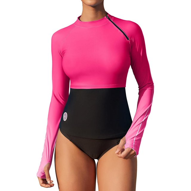 Beautyin Womens UPF 50+ Rash Guard Top with Thumb Hole Long Sleeve Swim Shirt Gradient Color Block Swim Top with Shoulder Zipper