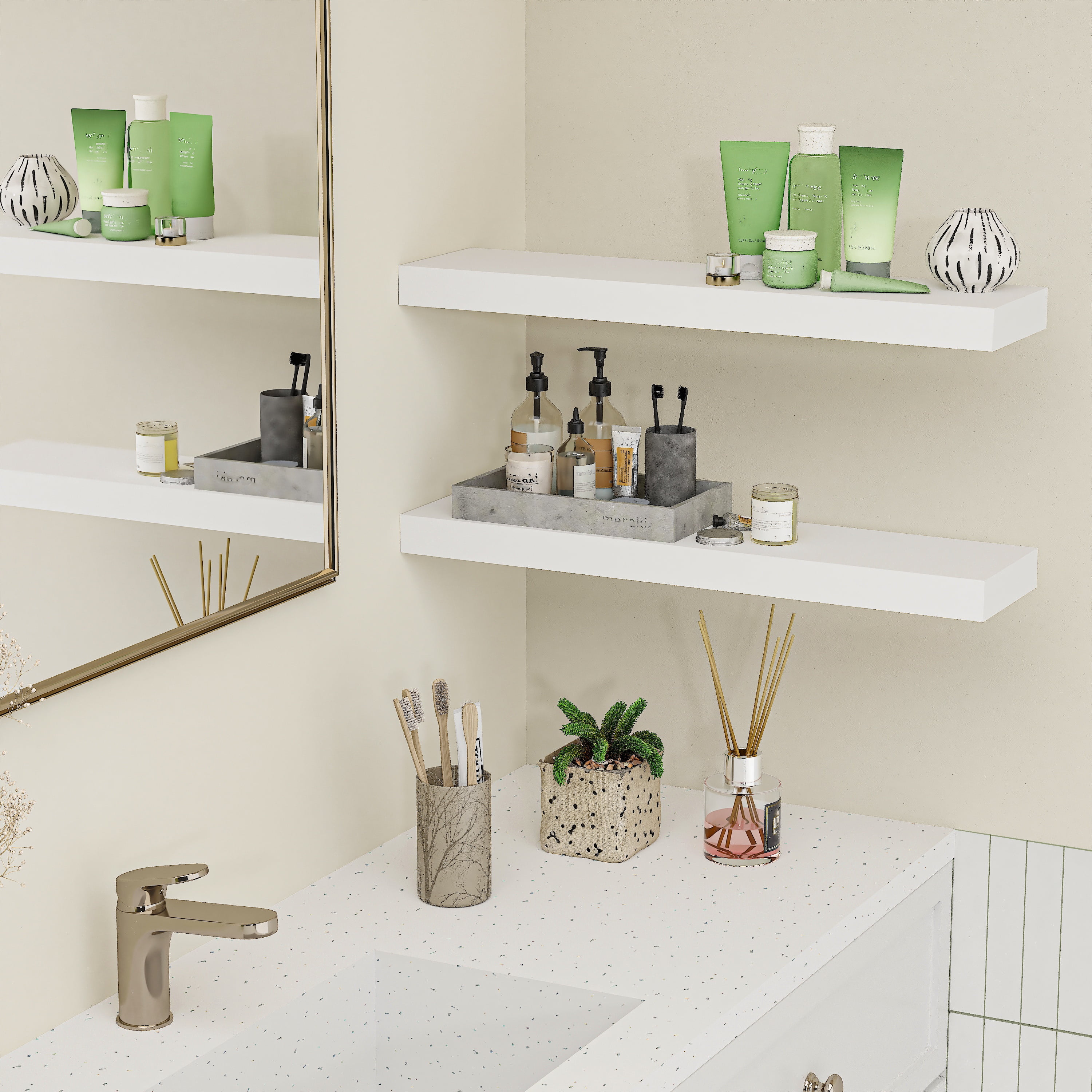Jouetondream 24X6 White Floating Shelves for Wall, Wood Hanging Shelves up to 20lbs for Bedroom, Bathroom, Kitchen(Set of 2)