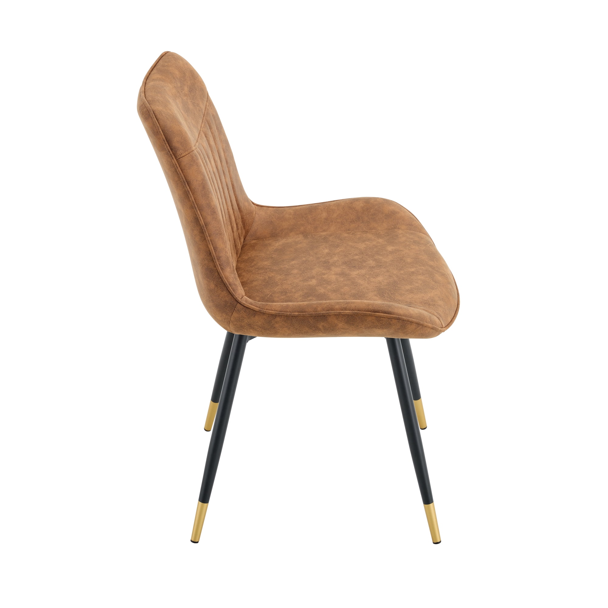 Leumius Dining Chairs Set of 2, Tech Fabric Upholstered Dining Chairs with Semi-Gloss Black Metal Legs, Gold-Trimmed Adjustable Non-Slip Feet, Vertical-Stitched High Back for Dining Room Brown