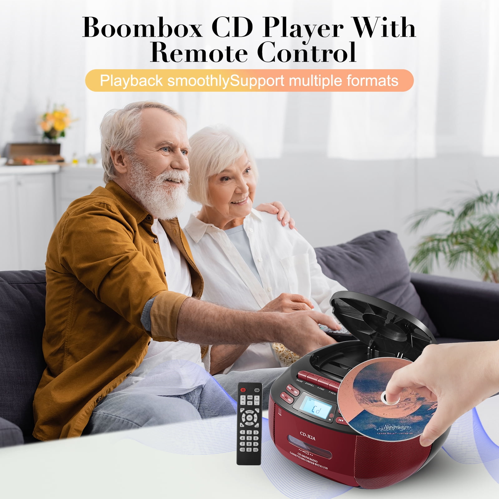 Boombox Cassette CD Player Combo with Bluetooth, Remote, AM/FM Radio, Tape Recording, Black