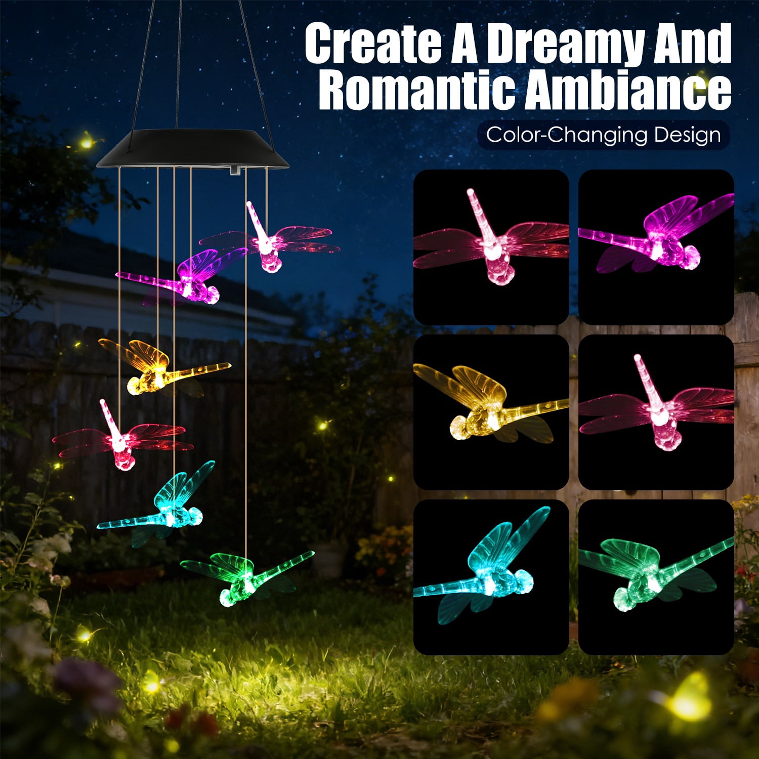 2PCS Solar Dragonfly Wind Chimes Color Changing LED Light IPX4 Waterproof Hanging Decor for Garden Patio Yard