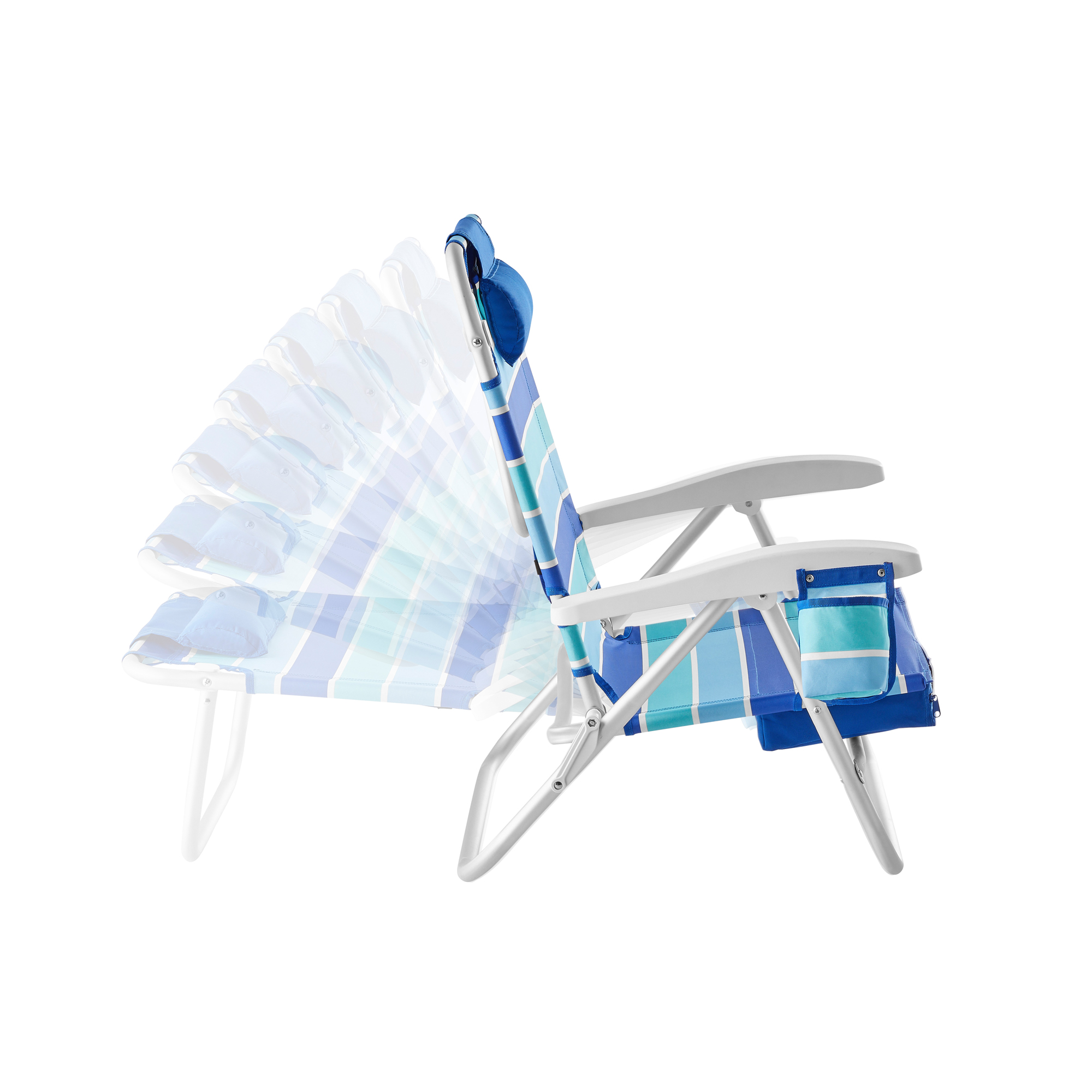 Mainstays Reclining and Lay Flat Backpack 2-Pack Beach Chair, Striped Blue Pattern, New