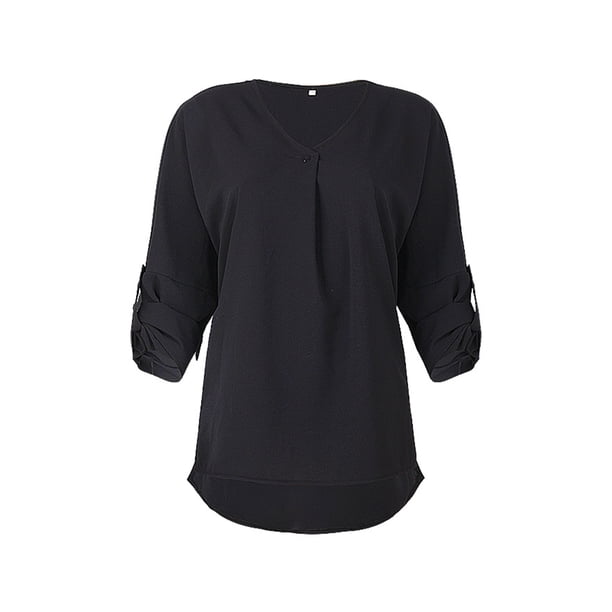 Qarigey Camisa de mujer con cuello en V Blusa suelta Manga larga Color sólido Top casual Prendas para la parte del cuerpo Negro XXL