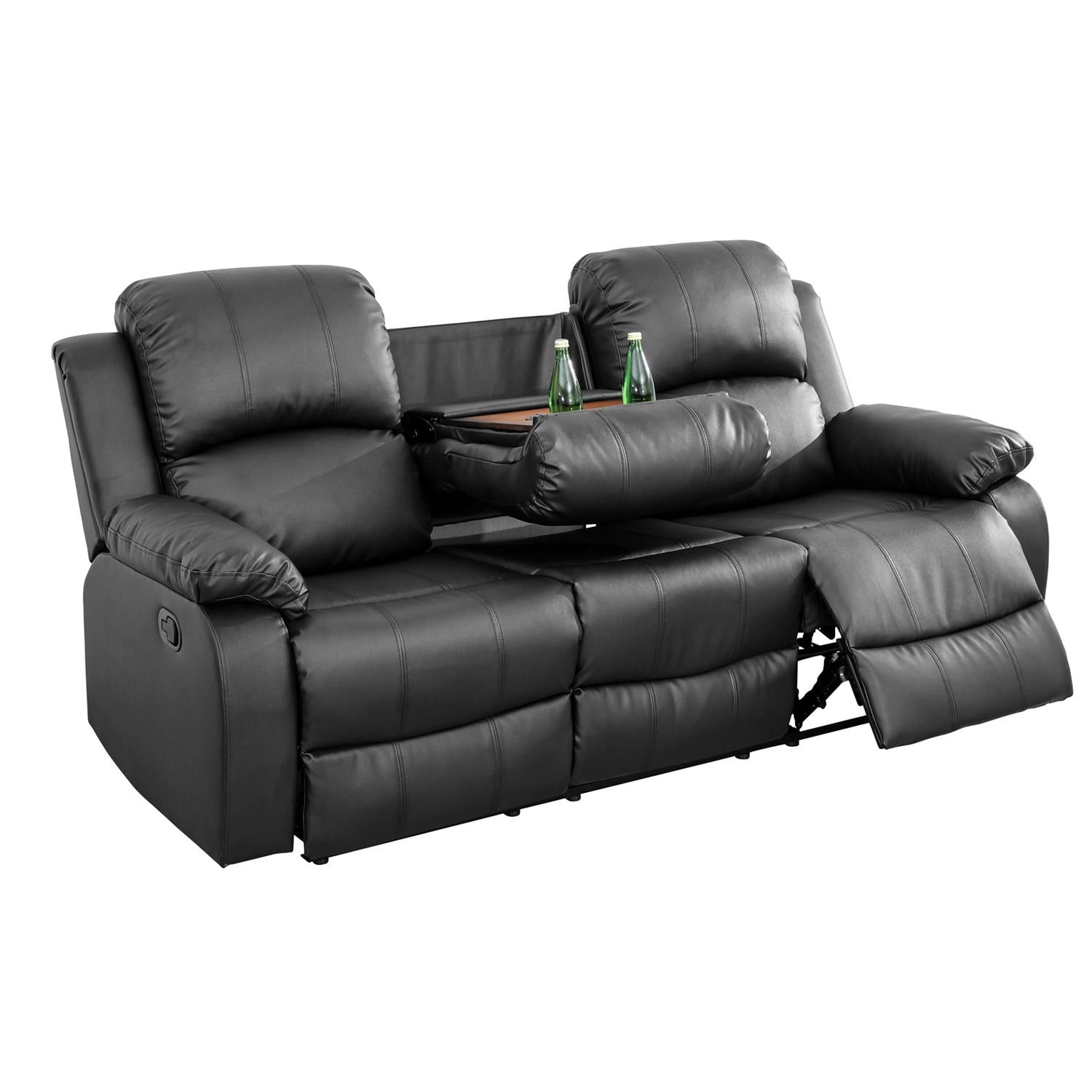 Gewnee Faux Leather Upholstered Manual Reclining Sofa with 3 Recliners and Cup Holders,Black