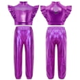thumbnail image 3 of Haitryli Kids Girls Shiny Metallic Jazz Dancewear Sleeveless Mesh Patchwork Crop Top Vest with Pants Set Purple 14, 3 of 4