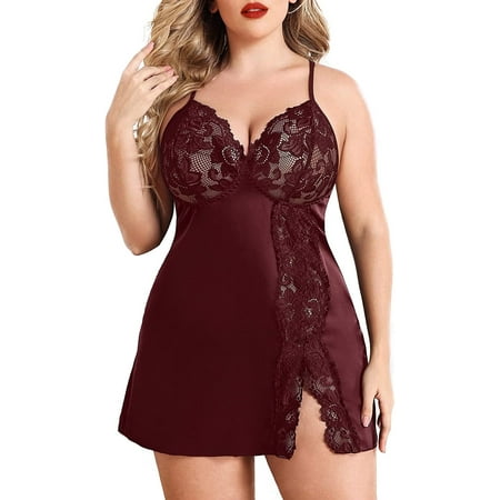Avidlove Womens Lingerie Plus Size Nightgown Side Slit Chemise Sleepwear Dark Red 2X-Large