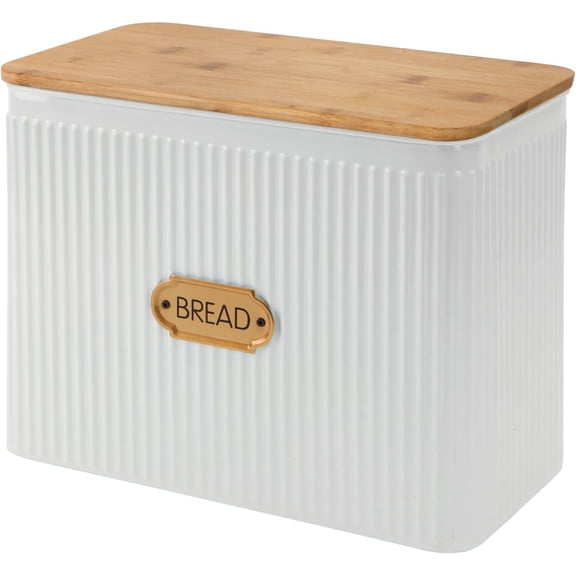 Extra Large Space Saving Farmhouse White Bread Box With Bamboo Lid - Holds 2 Loaves - Vertical Breadbox Bread Storage Bin Holder for Kitchen Countertop, Honeycomb Embossed Pattern