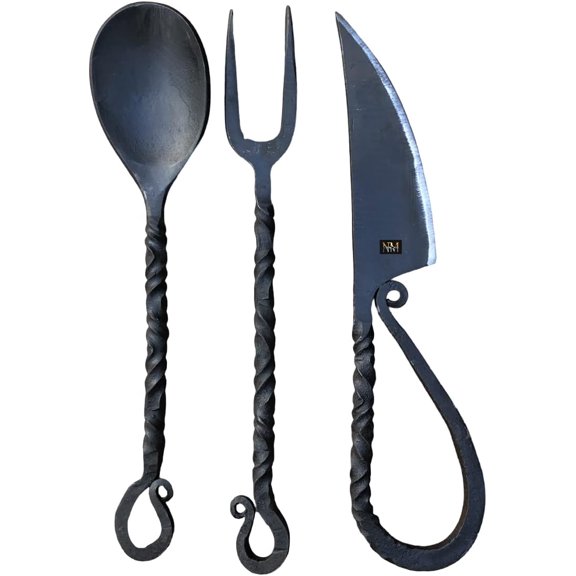 NAUTICALMART Hand Forged Medieval Iron Eating Cutlery Set, Viking Feast, Antiquity, Fork, Knife and Spoon Feasting Cutlery Knife, Hand Forged 3 Piece Place Set, Black (Complete Set)