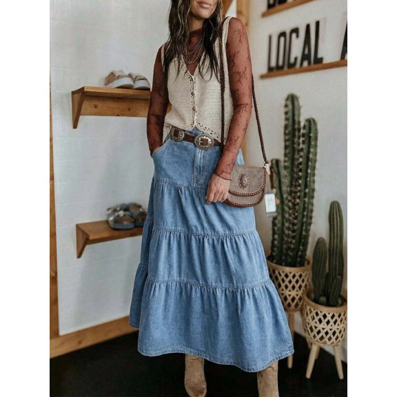 Light Blue High-Waisted Tiered Denim Maxi Skirt With Pockets, A-Line Boho Swing Jean Skirt For Women