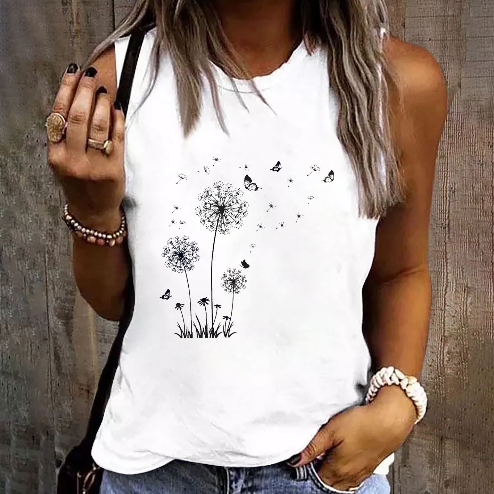 Funicet Women Plus Size Tanks Tops Summer Sleeveless Casual Boho Shirts Dandelion Graphic Print