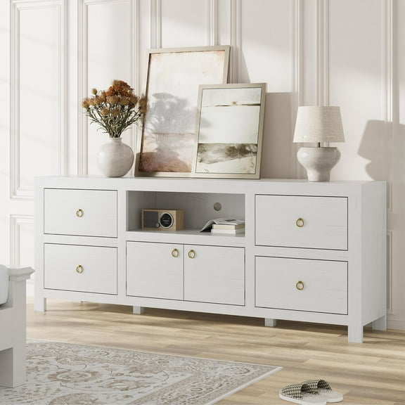 AOILE Farmhouse TV Stand for 80 Inch TVs, 70" Entertainment Center with 6 Drawers & Soundbar Shelf