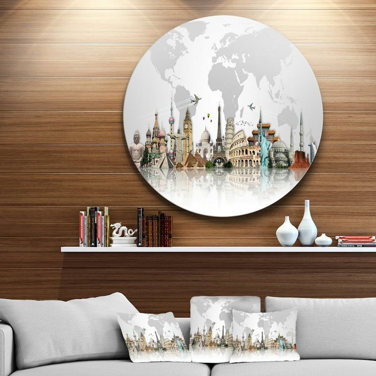 Designart Famous Monuments World Gray Circle Metal Wall Art