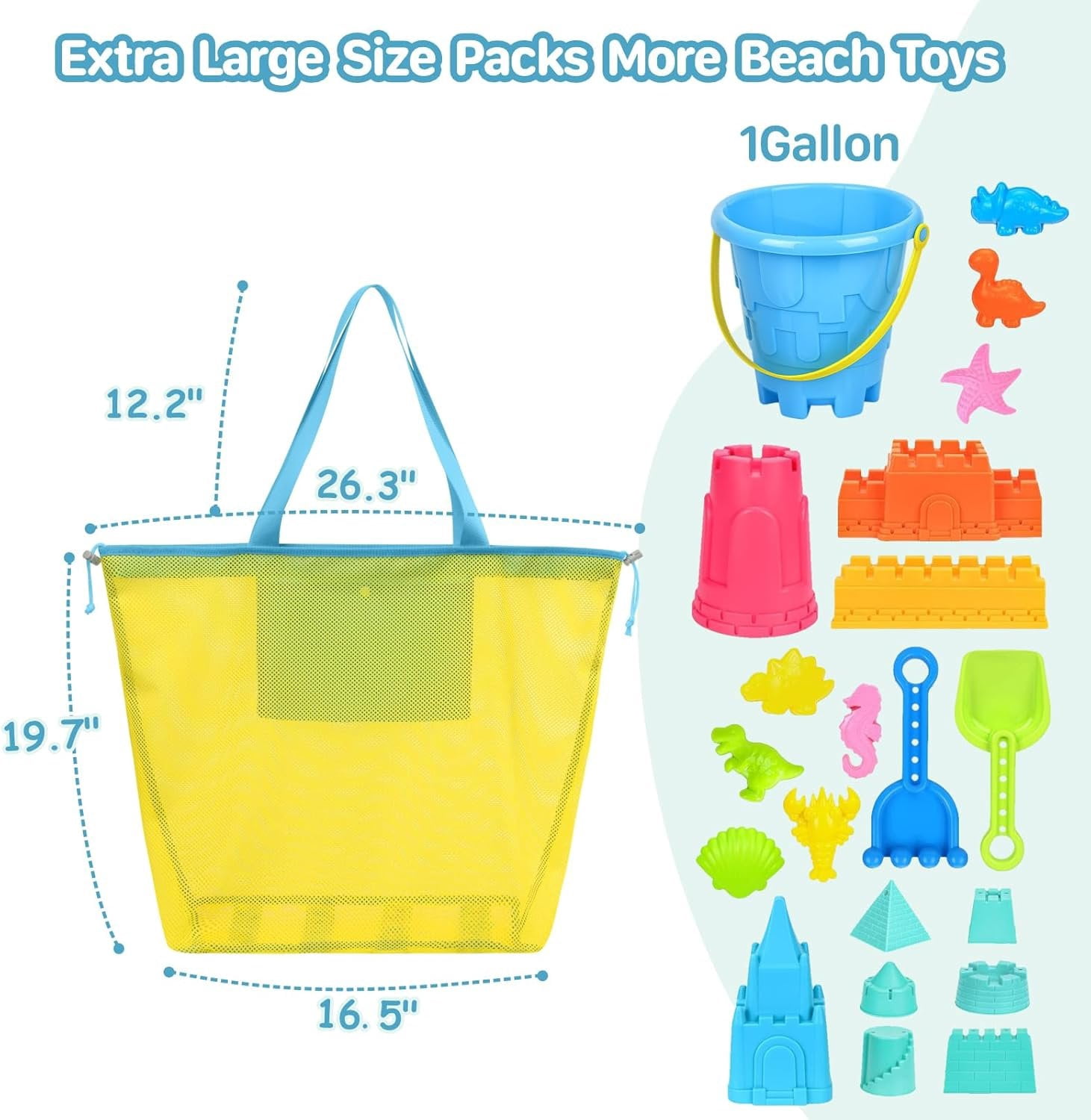 Mesh Beach  Bag With Drawstring - Lightweight Tote for Sand Toys, Foldable Beach Bag for Beach Pool Travel Essentials, Bright Yellow