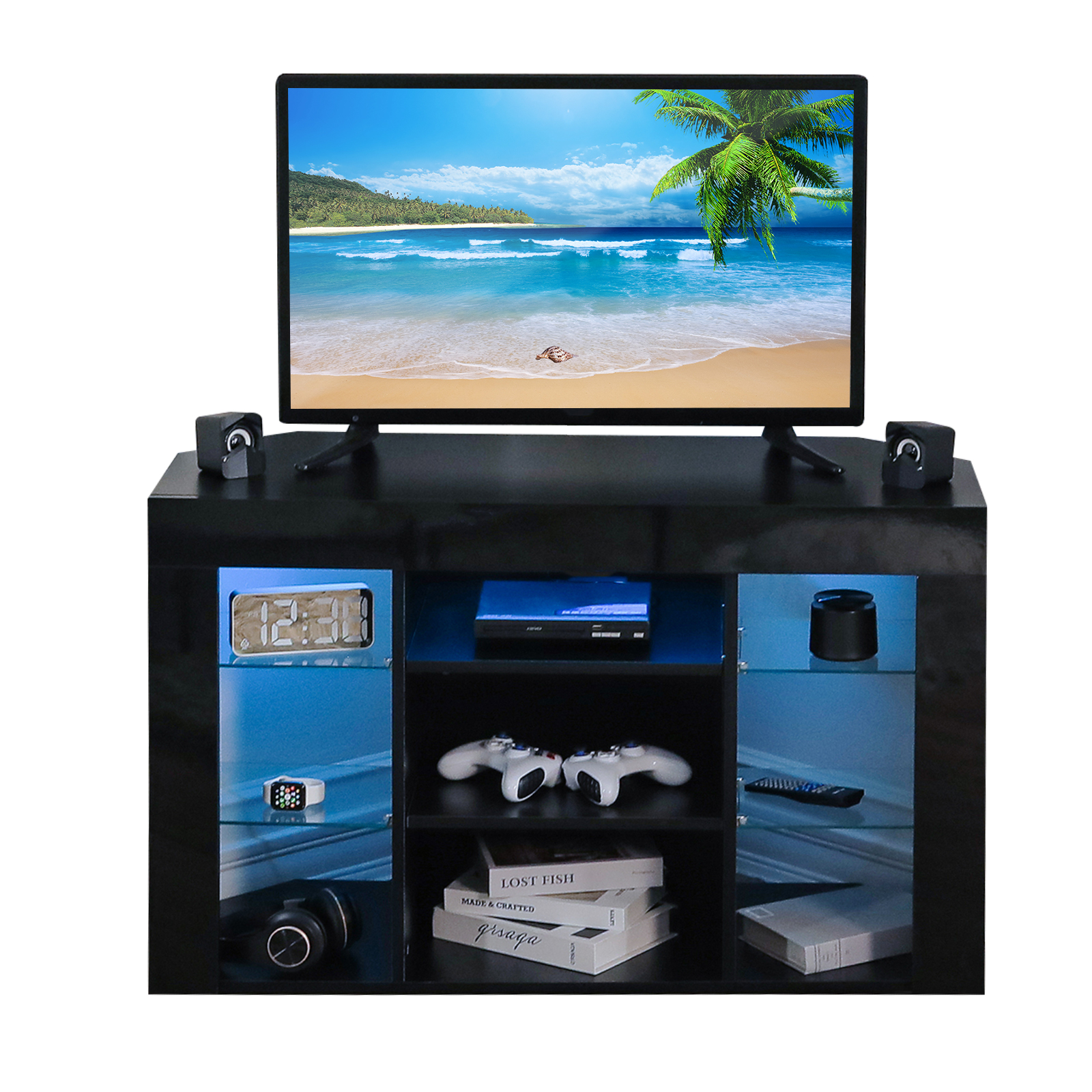 Black Corner TV Stand with Glass Shelves & LED Light Modern TV for 48 inch TV