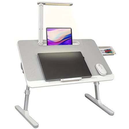 Adjustable Laptop Table with Desk Lamp - Foldable Portable Lap Desk, Ergonomic Standing Bed/Sofa Breakfast Tray for Reading/Writing, Black & White