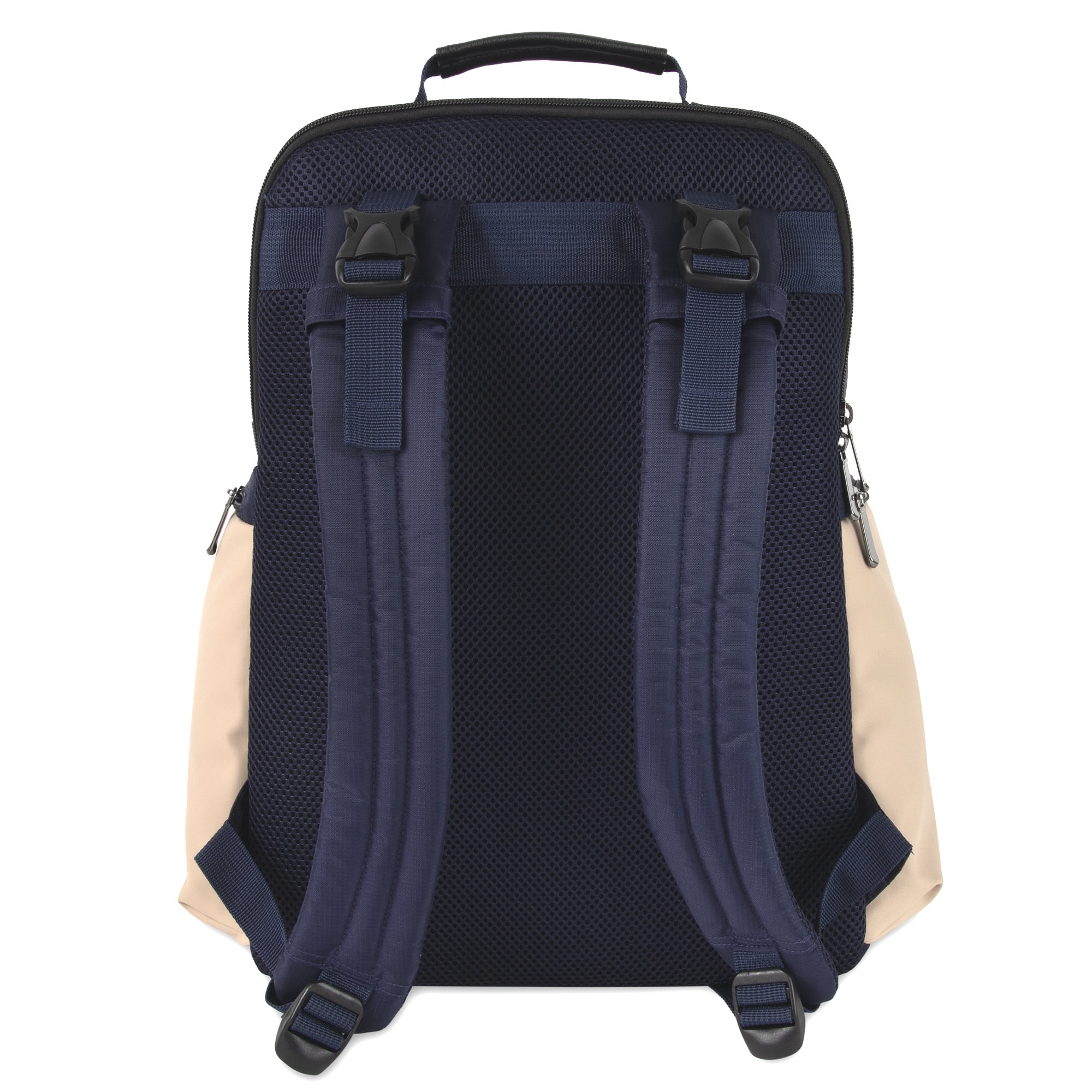 Baby Essentials Super Cooler Multi-Pocket Dual Zipper Closure Diaper Bag Backpack with Matching Changing Pad, Insulated Bottle Pockets and Stroller Straps in Navy Blue & Tan
