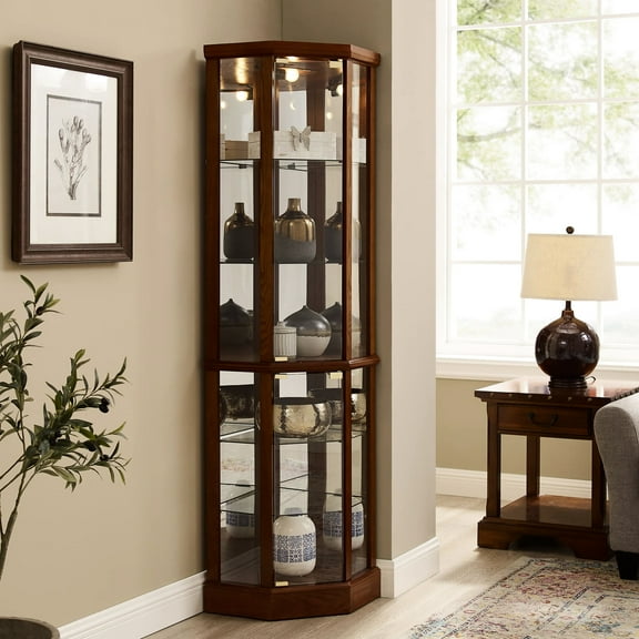Walnut Cabinet With 6 Shelves, Adjustable Glass & Mirrored Back Design Shelf Lighted Corner Curio Shelves In