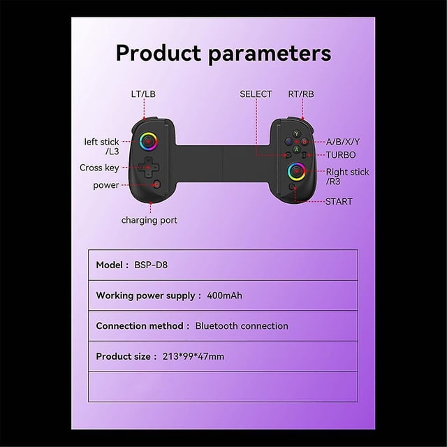 Controlador de juego telescópico D8 Controlador de juego móvil con luz RGB Con vibración de 6 ejes para Android, iOS, PS3, Switch, PC, b