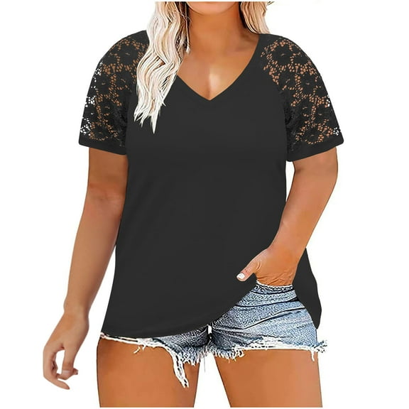WMTBSRSW Plus Size Tops for Women Solid Casual Summer V Neck Blouse Lightwieght Short Lace Sleeve Shirts