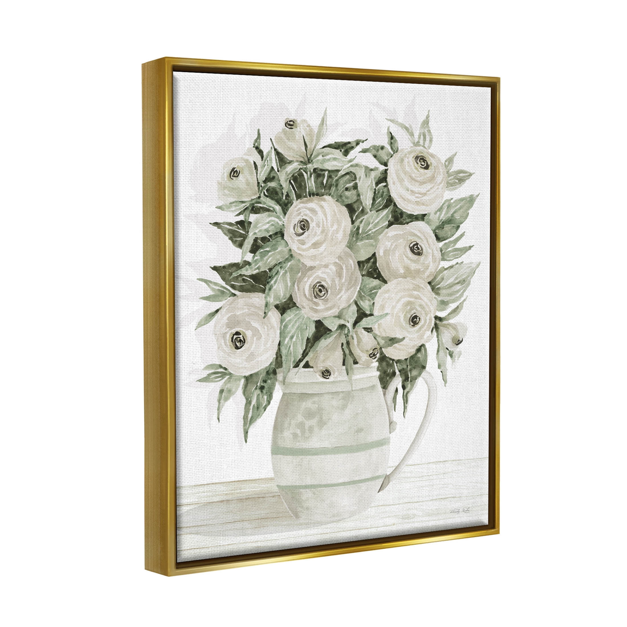 Stupell Industries White Ranunculus Blossoms Flower Vase Painting Metallic Gold Floating Framed Canvas Print Wall Art, Design by Cindy Jacobs