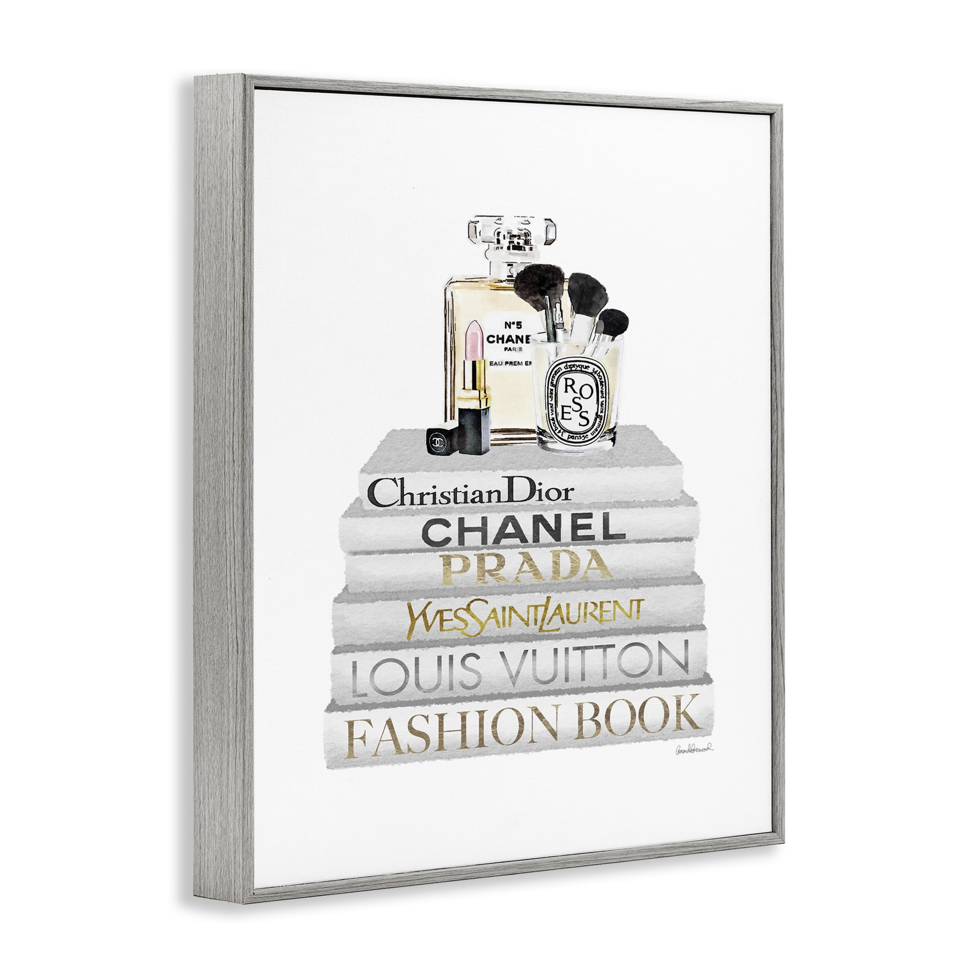 Stupell Industries Bookstack with Makeup Accessories Beauty & Fashion Painting Gray Framed Art Print Wall Art, 24 x 30
