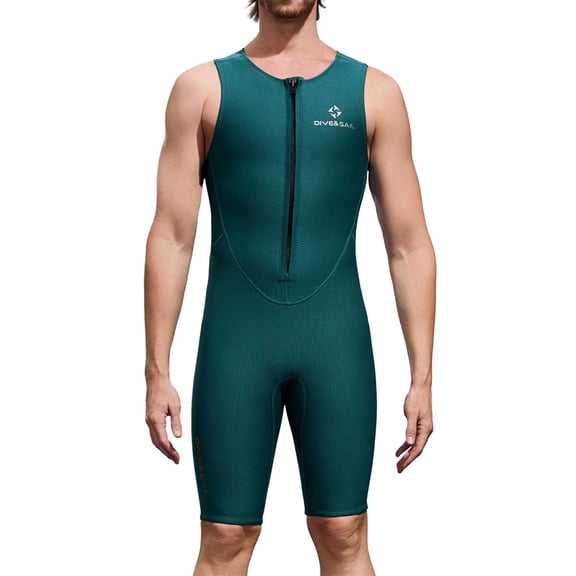 Raenseen Men 2MM Wetsuit Swimwear Rash Guards Sleeveless Zipper Bodysuit Swimsuit Dark Green S
