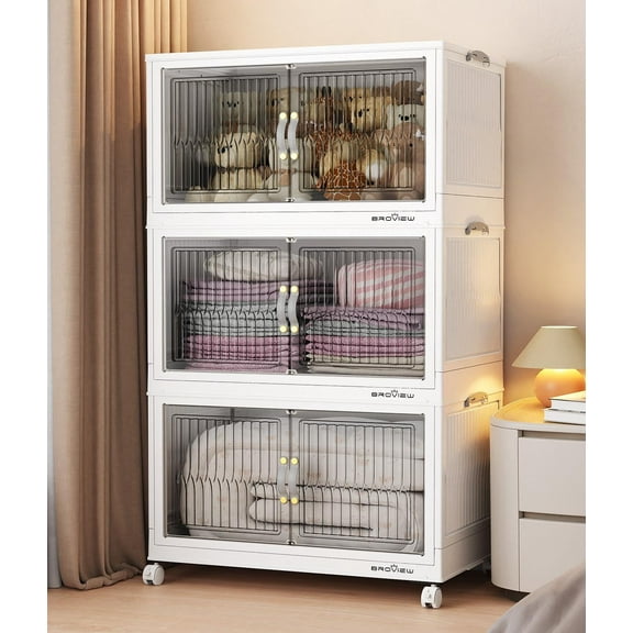 BROVIEW 240Qt Stackable Storage Bins with Lid, Plastic Closet Organizers and Storage Drawer, Collapsible Storage Box with Wheels, Folding Storage Cabinet for Closet Clothes Organization, 3Pack White