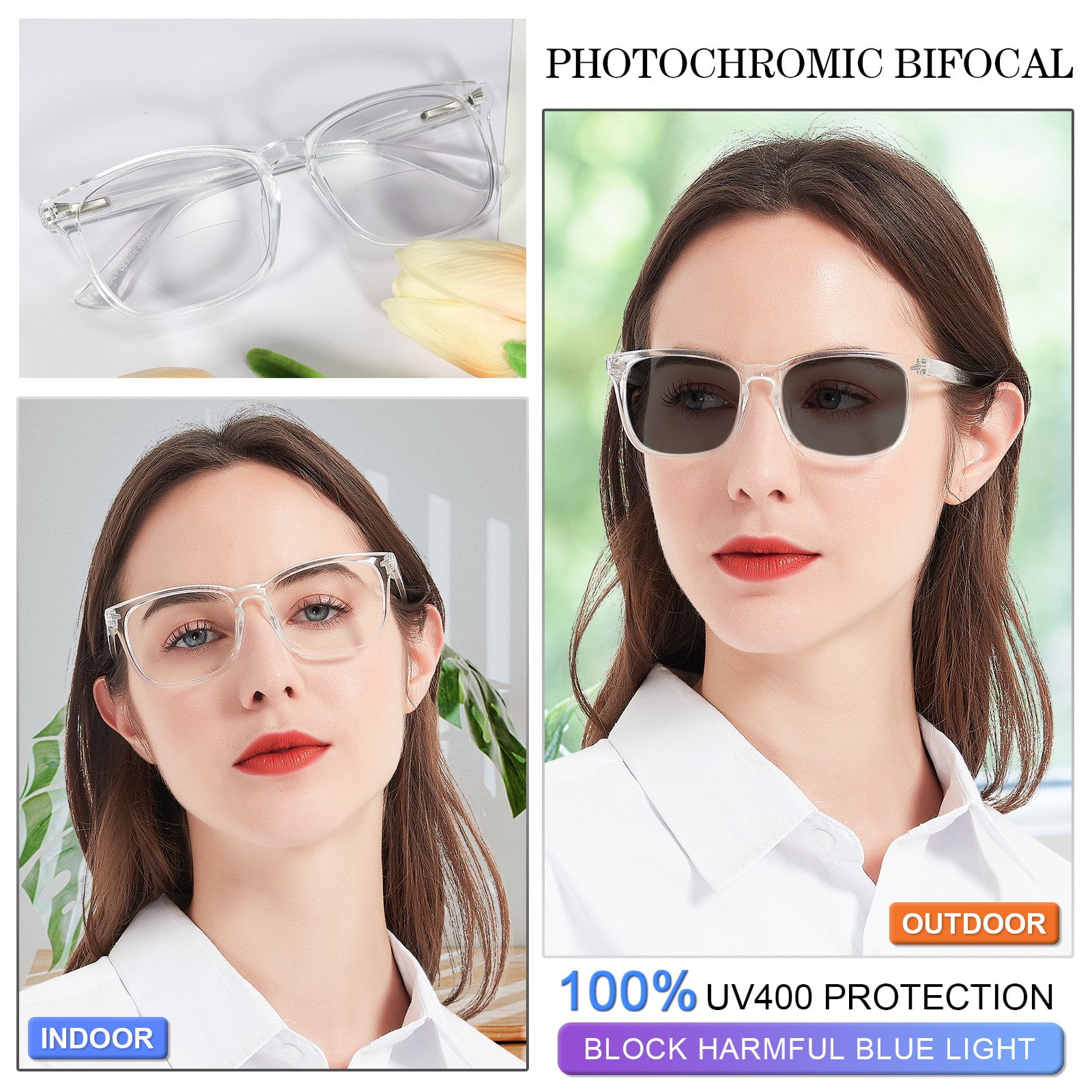 MARE AZZURO Photochromic Bifocal Reading Glasses Women Blue Light Blocking Square Readers Sunglasses 1.0 1.5 2.0 2.5 3.0 3.5 4.0 (Transparent, 3.50)