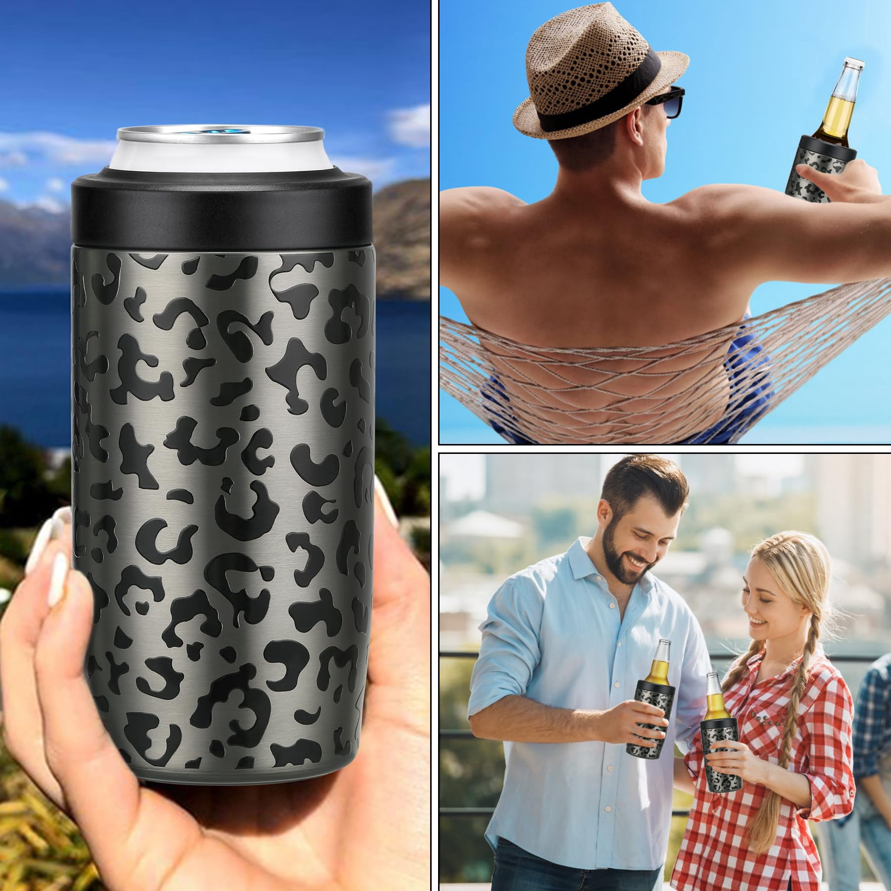 Jslove 4 in 1 Insulated Can Cooler - Universal Size for 12 oz Cans, Slim Cans, and Bottles - Black Leopard