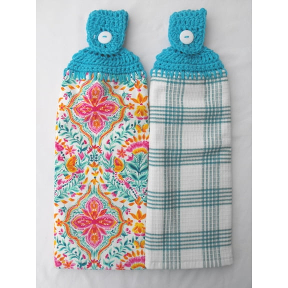 PIONEER FOLK GEO - 2 DOUBLE/FULL HANDMADE CROCHET TOP HANGING KITCHEN TOWEL - TURQUOISE TOPPER