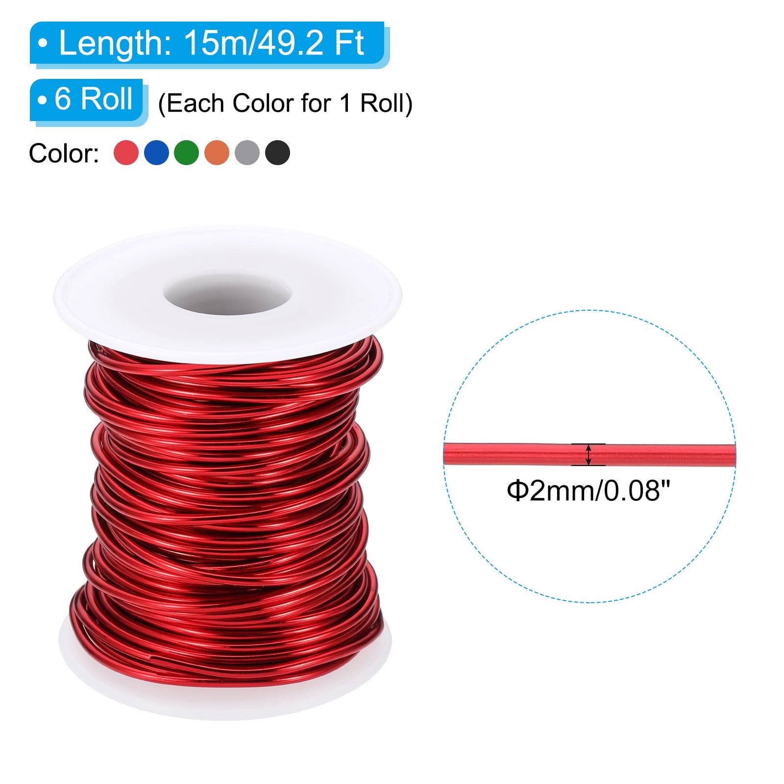 Uxcell Aluminum Craft Wire, Metal Wire Armature Bendable Wire for Jewelry Making Wrap DIY Black/Silver/Rose Gold/Red/Sapphire Blue/Green 12 Gauge