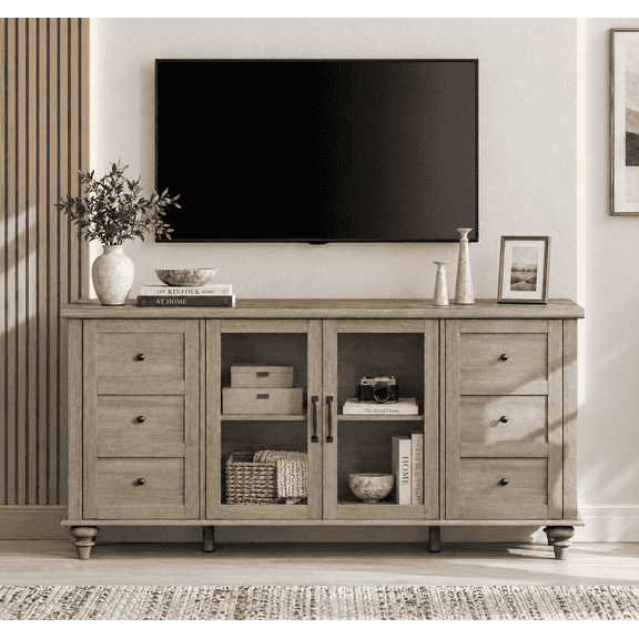 TV Stand for 65 Inch TV, Wood Entertainment Center with Storage Cabinet & Adjustable Shelf, Gray