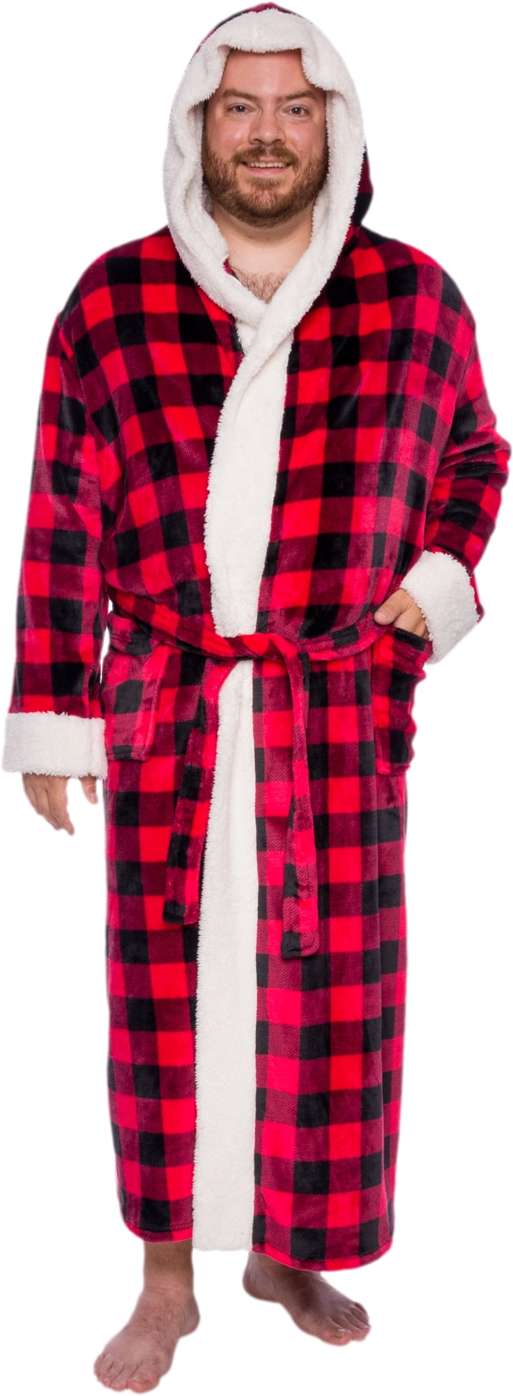 Ross Michaels Mens Robe Big & Tall with Hood Long Buffalo Plaid Plush