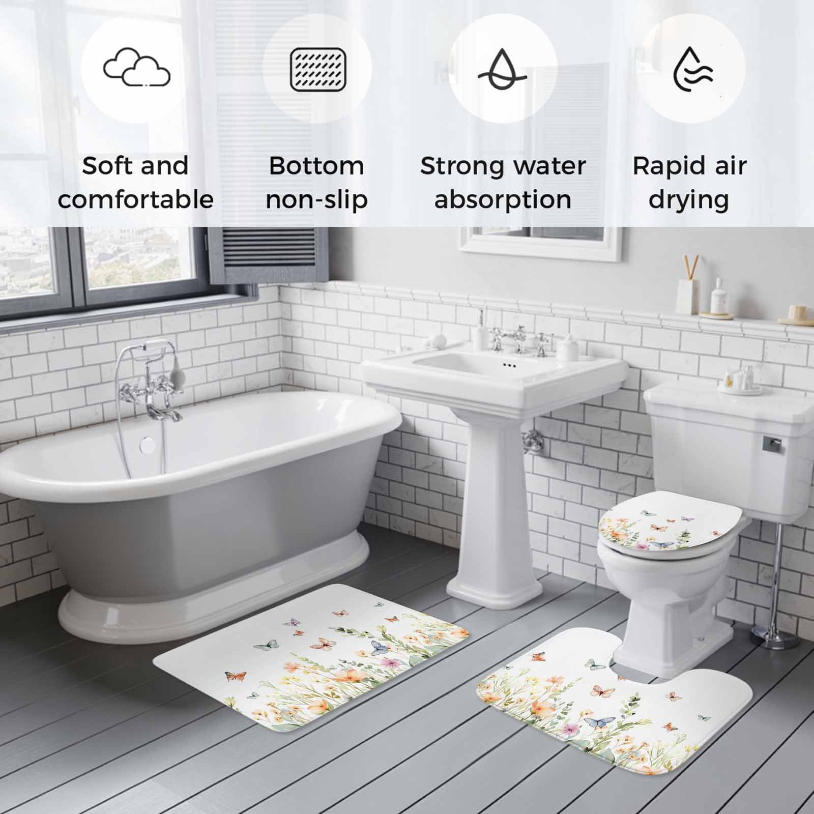 Spring Floral Bath Mat 3 Piece Bathroom Rug Set, Butterfly Summer Botanical Watercolor Non Slip Bath Rug Contour Mat and Toilet Lid Cover, Absorbent Shower Mats Soft Bath Rugs and Mats Sets