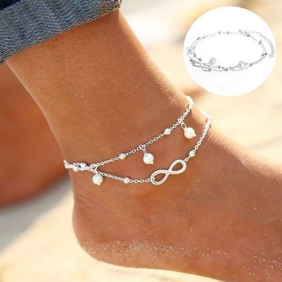 Tcwhniev Women Ankle Bracelet Silver Plating Anklet Foot Chain Boho Beach Beads(3Pcs)