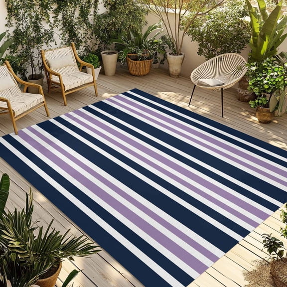 Navy Stripes Outdoor Area Rug 4x6ft Decorative Indoor Outdoor Rug Blue Purple Patio Area Rug for Porch, Deck, Balcony, Entryway, Camping & RV