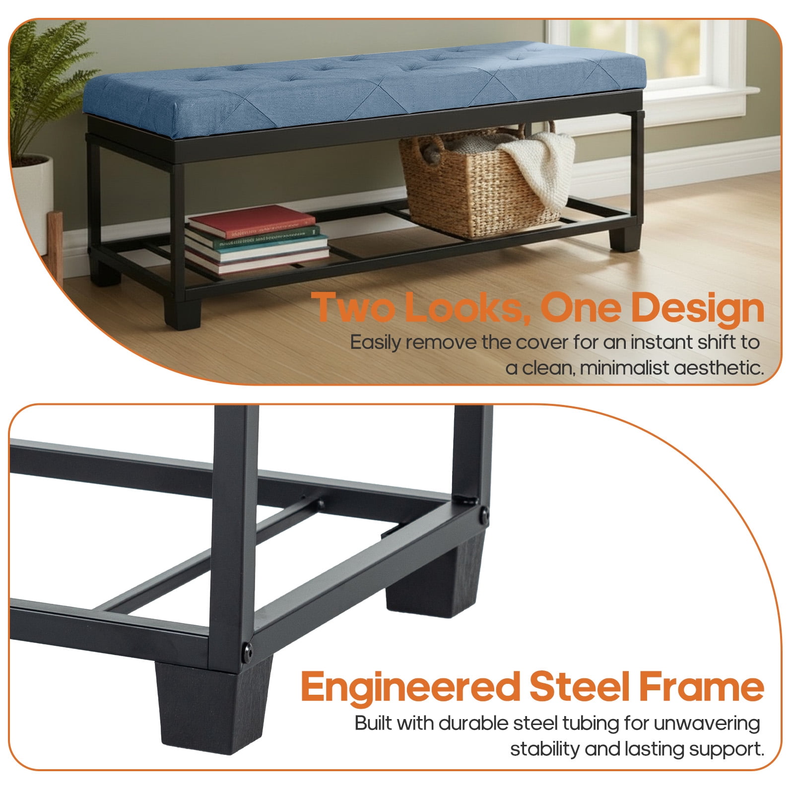 CONCETTA Versatile Storage Ottoman Bench, Tufted Upholstered End of Bed Chest, Foot Rest with Legs, Ample Capacity for Living Room, Entryway, Blue