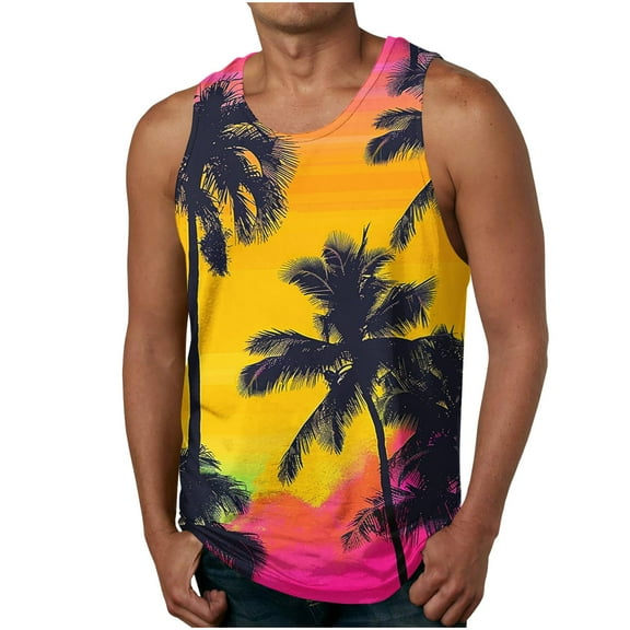 Taqqpue Mens Plus Size Tank Tops Casual Hawaiian Crewneck Sleeveless Shirts Quick Dry Graphic Beach Coconut Tree Gym Tank Top