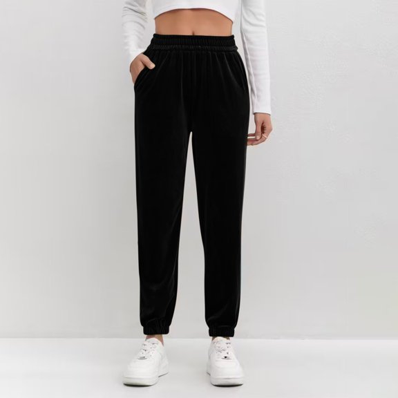 ClodeEU Women's Velvet Jogger Pants with Stretch Waist and Pockets,Trendy Casual Sweat Pant Black,Womens Plus M