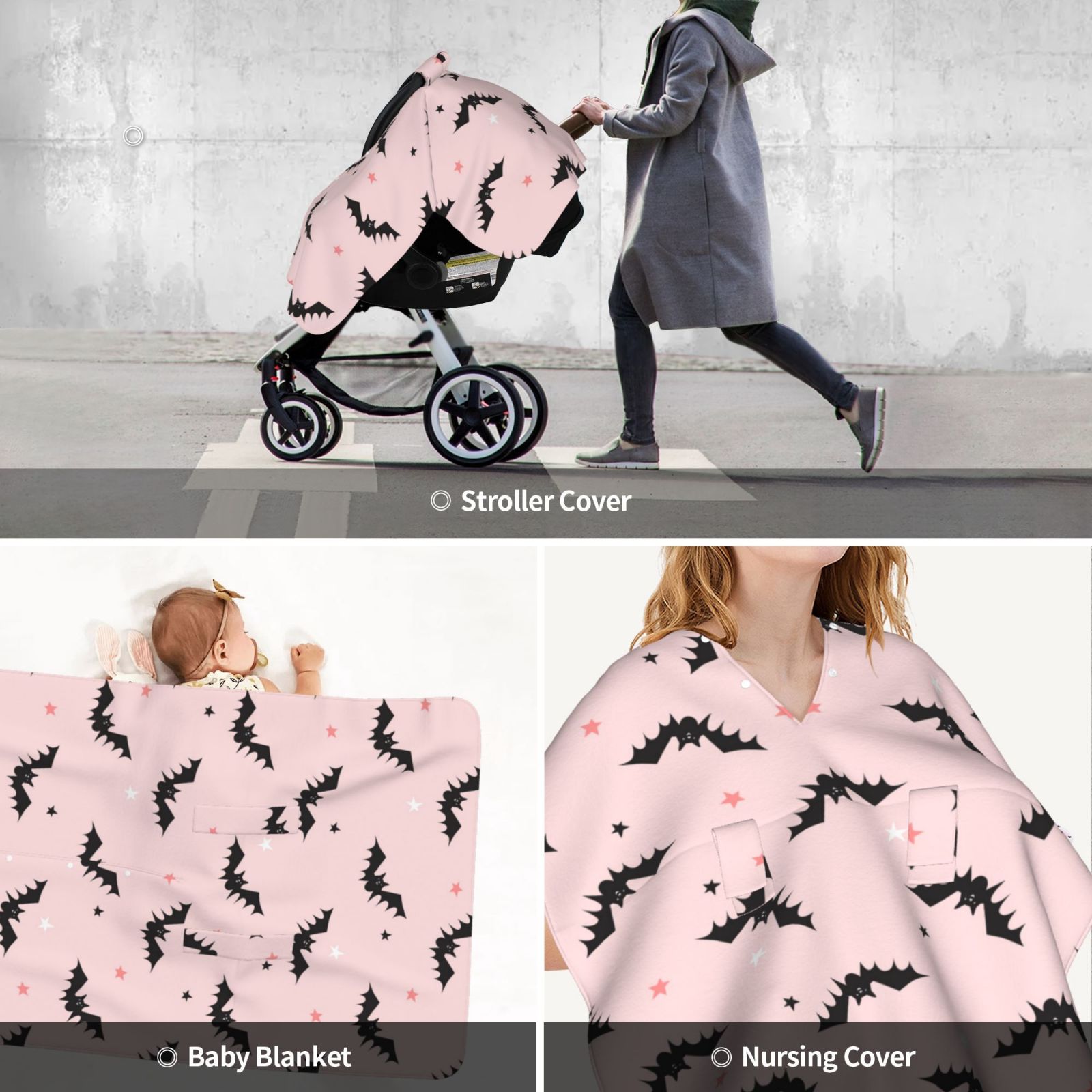 Car Seat Cover Baby - Halloween black bats star pink Breathable Infant Car Seat Cover for Baby Carseat, Lightweight Comfort Baby Essentials Must Haves Newborn Stuff for Girl Boy
