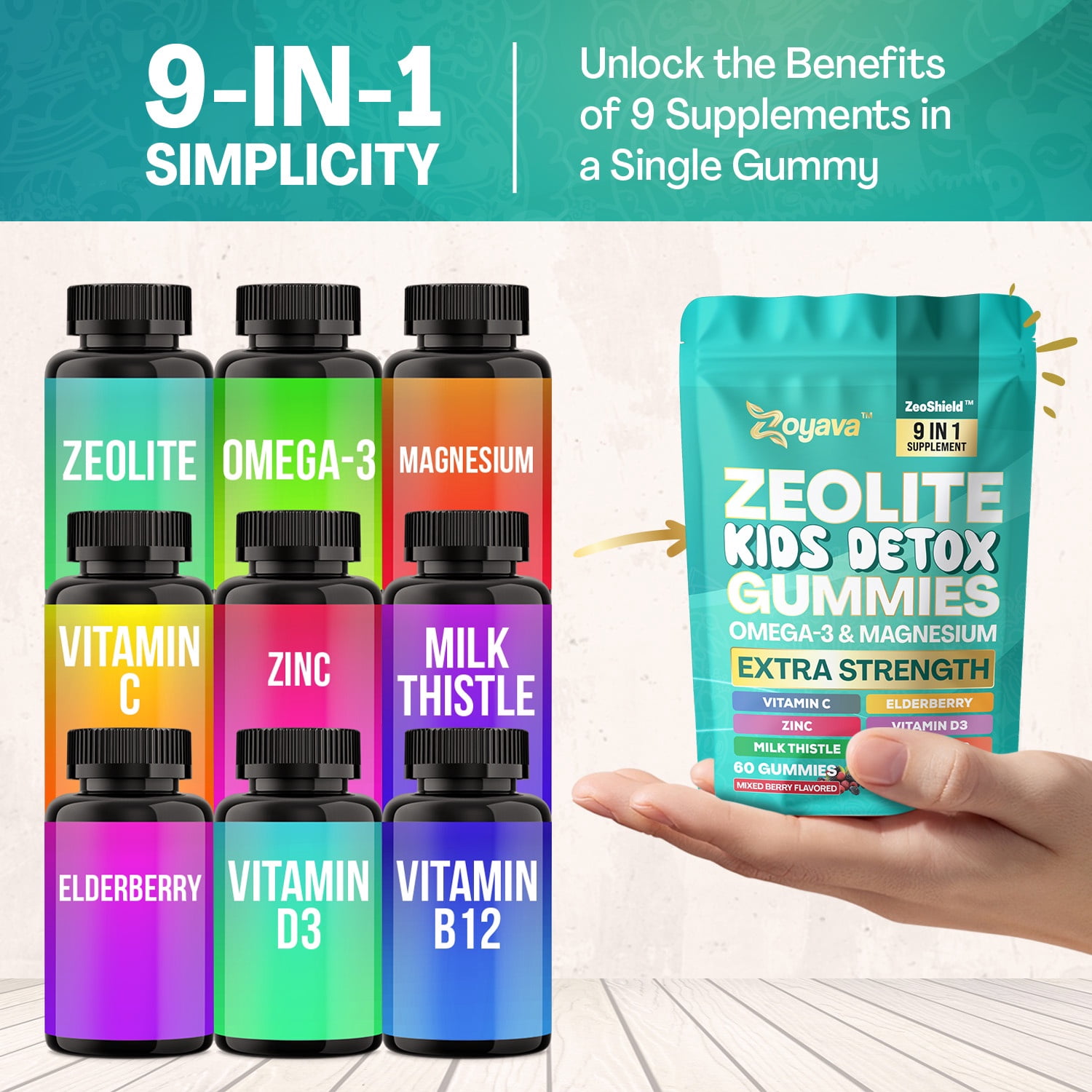 Zoyava Zeolite Kids Detox Gummies Mixed Berry Flavored All-in-One 60 Gummies for Detox, Immunity, and Overall Wellness