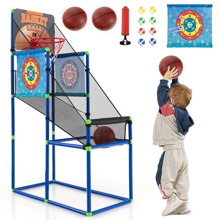 Topbuy Kids Basketball Hoop Arcade Game 2 in 1 Kids Basketball Hoop Dart Board Set w/ Electronic Scoreboard & Sound Effect