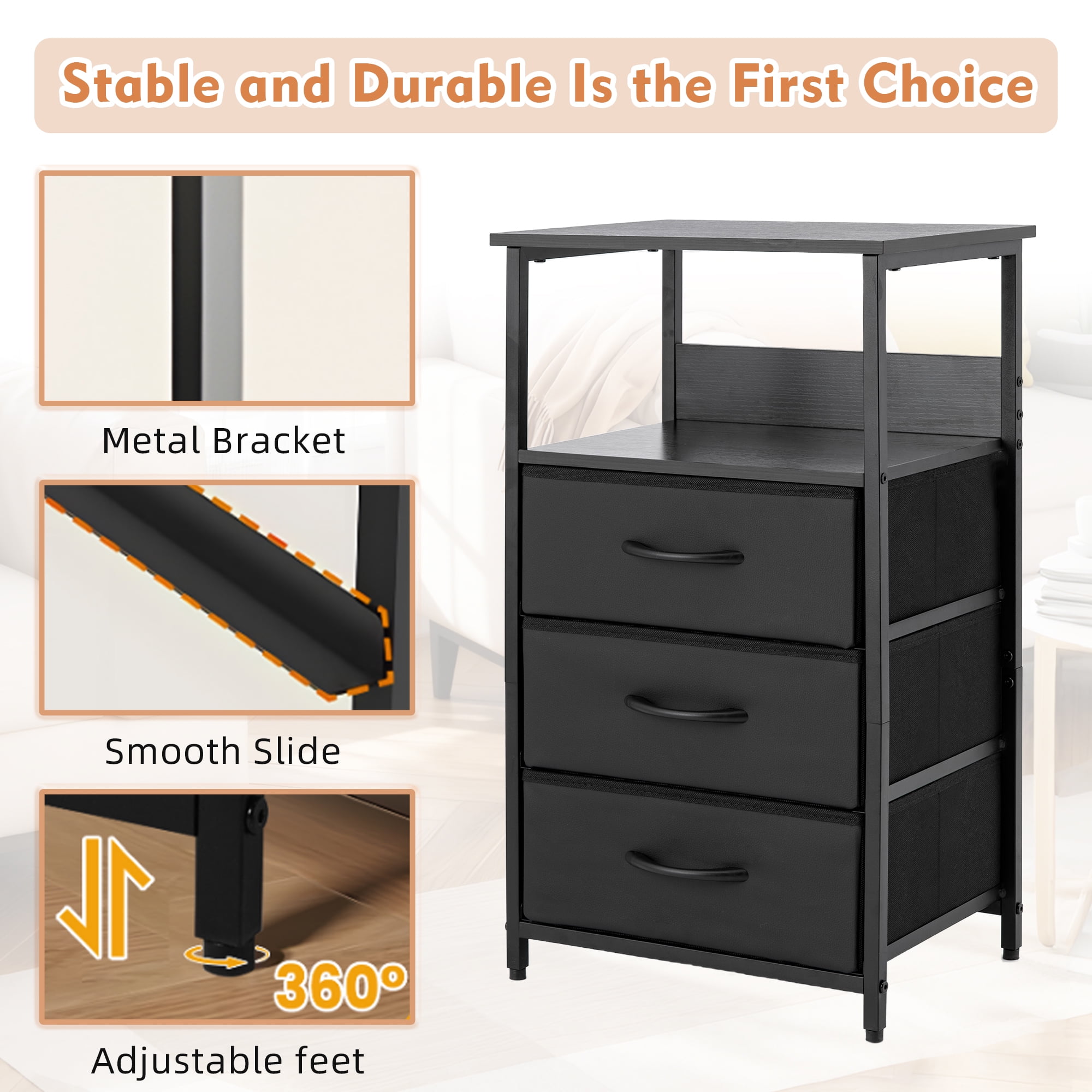 YEEZEE Bedside table with 3 fabric-covered drawers and an open shelving unit,ideal for bedrooms, entryways, and college dorms, easy to assemble. black