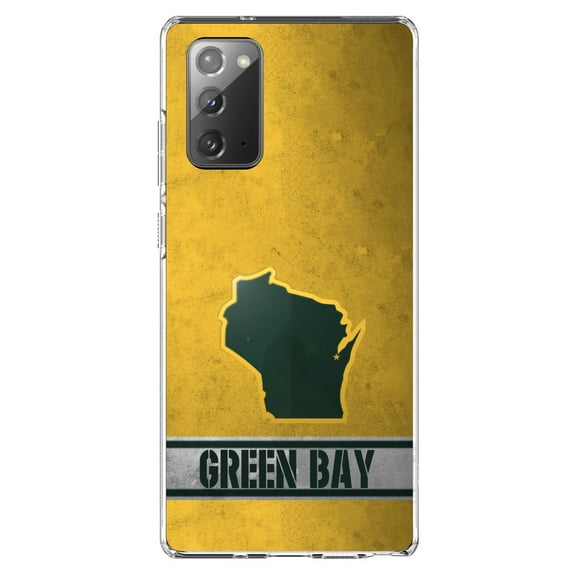DistinctInk Clear Shockproof Hybrid Case for Samsung Galaxy Note 20 (6.7" Screen) - TPU Bumper, Acrylic Back, Tempered Glass Screen Protector - Green Bay Wisconsin - Football Team