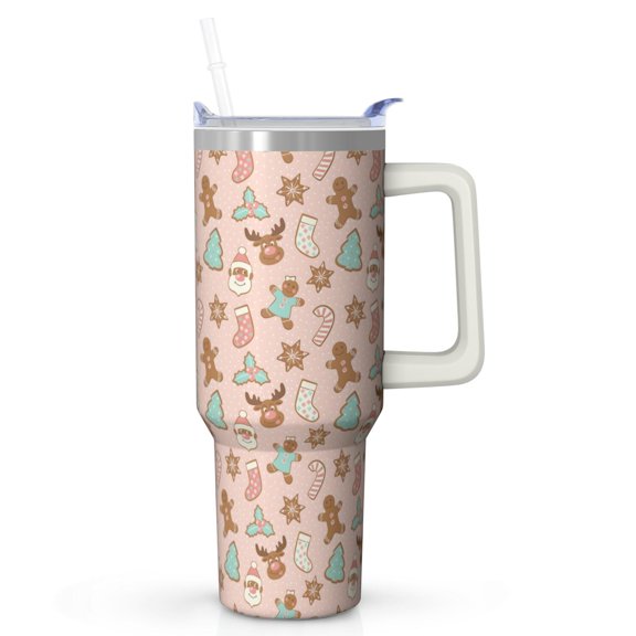 Festive 40oz Tumbler with Handle - Stainless Steel Snow Pattern, Double Wall Vacuum Insulated w/Straw Lid