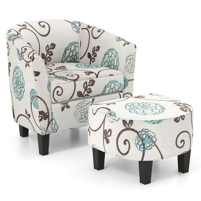 Gymax Ensemble Moderne de Fauteuil d'Appoint et Ottoman Fauteuil Club Rembourré en Tissu Gris à Motif Floral