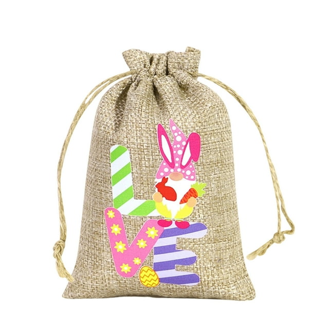 Ohufall Easter Party Decor Bunny Egg Linen Drawstring Bag Easter Home Decor Candy Gift Bag Supply
