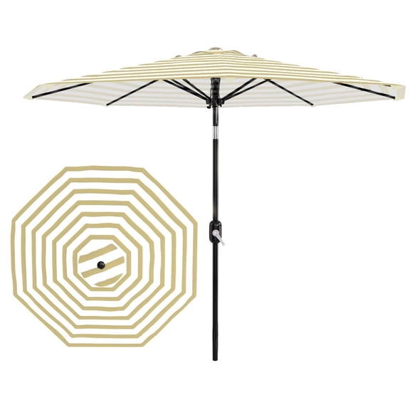 9FT Patio Umbrella Outdoor, Table Umbrella with Push Button Tilt and Crank, 8 Sturdy Ribs UV Protection Waterproof for Garden, Pool, Market, Deck (Brown & White Stripe)