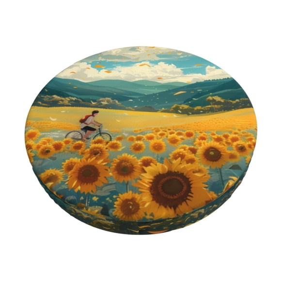 Disketp Field Style Bicycle Young Sunflower Funda Redonda para Taburete, Funda de Cojín para Silla de Bar Suave y Elástica-14 inch